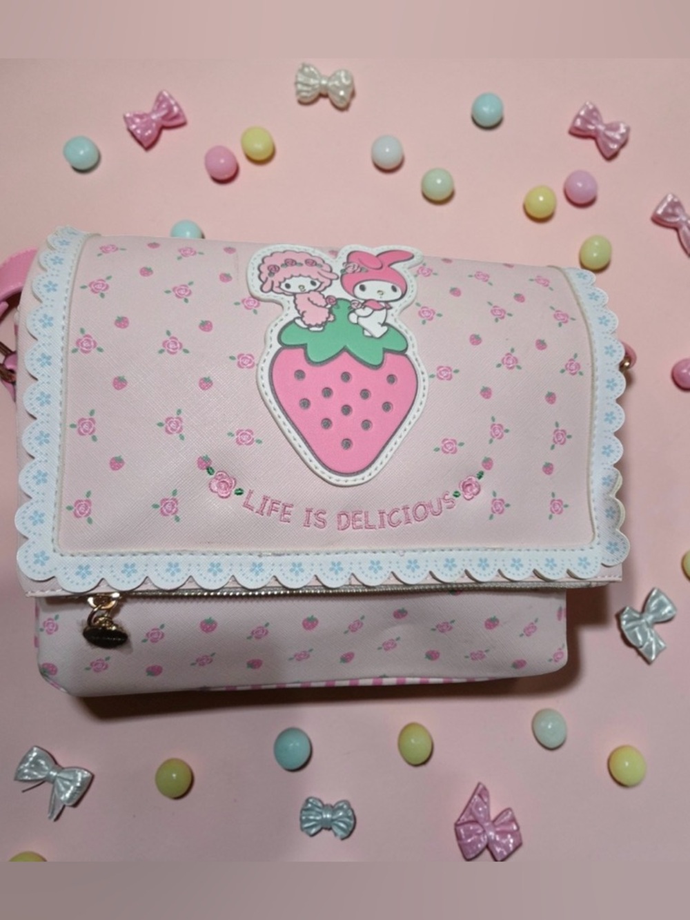 Sanrio Hello Kitty My Melody Life Is Delicious Strawberry Messenger Bag NWT